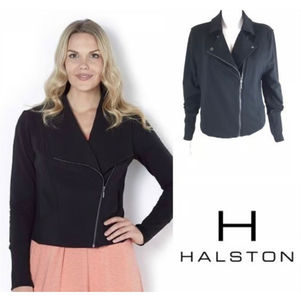 H by Halston Moto Jacket Asymmetrical‎ Zip Up Black Fitted Casual Jacket size 2